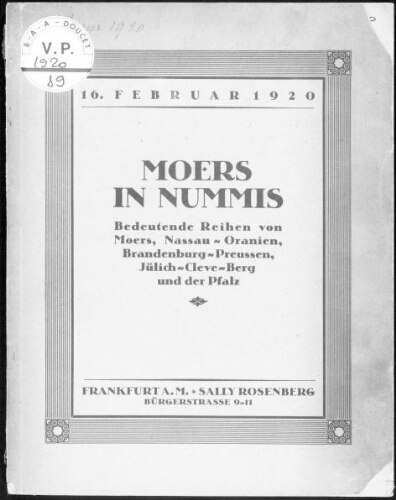 Versteigerungs - Katalog. Moers in nummis [...] : [vente du 16 février 1920]