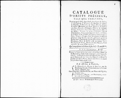 Catalogue d'objets précieux, tels que tableaux [...] : [vente des 30 et 31 août 1796]