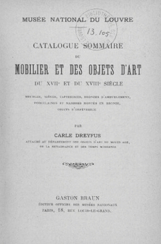 Catalogue sommaire du mobilier et des objets d'art du XVIIe et du XVIIIe siècle