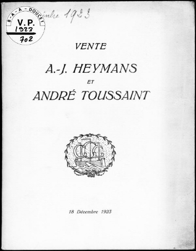Vente A.-J. Heymans et André Toussaint : [vente du 18 décembre 1923]