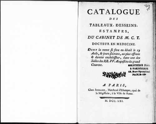 Catalogue des tableaux, dessins, estampes du cabinet de M. C. T. docteur en médecine [...] : [vente du 27 août 1761]