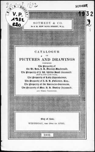 Catalogue of pictures and drawings, compriging the property of the Right Honourable J. A. Murray MacDonald [...] : [vente du 20 avril 1932]