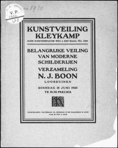 Belangrijke veiling van moderne schilderijen verzameling N. J. Boon Loosduinen [...] : [vente du 15 juin 1920]