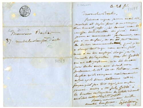 Lettre d'Eugène Delacroix à Alexandre-Nicolas Barbier, 26 février 1851