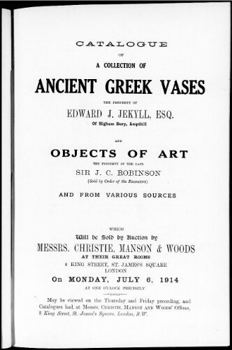 Catalogue of a collection of ancient Greek vases […] : [vente du 6 juillet 1914]