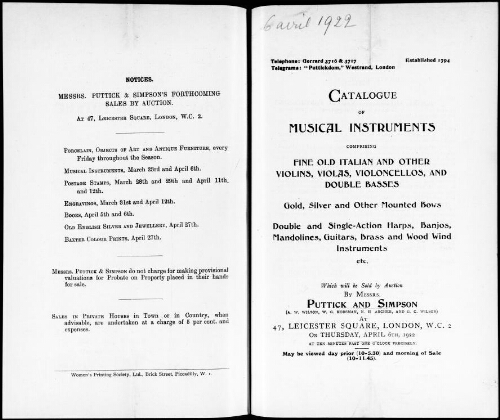 Catalogue of musical instruments comprising fine old Italian and other violins, violas, violoncellos, and double basses [...] : [vente du 6 avril 1922]