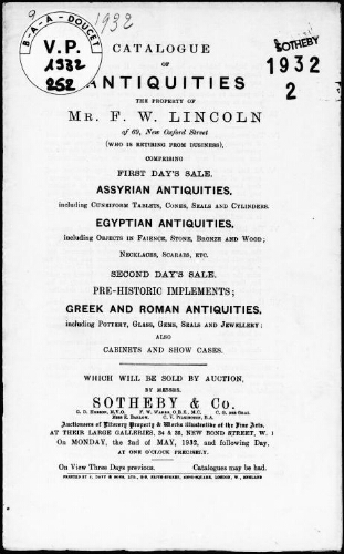 Catalogue of antiquities, the property of Mr. F. W. Lincoln [...] : [vente des 2 mai et 3 mai 1932]
