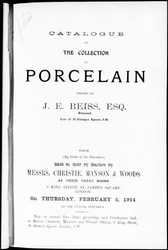 Catalogue of the collection of porcelain formed by J. E. Reiss, esq. [...] : [vente du 5 février 1914]