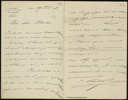 Lettre de la rédaction de Paris, journal du soir, à Jean-Louis-Ernest Meissonier, 19 février 1888