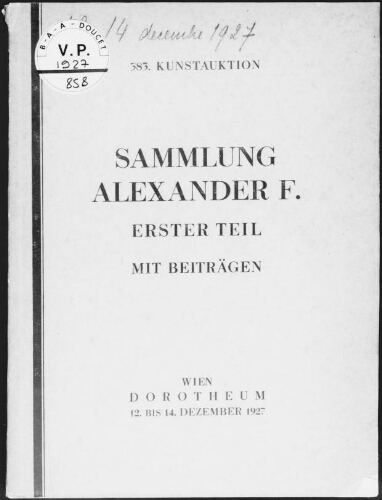 Sammlung Alexander F. (erster Teil), mit Beiträgen : [vente du 12 au 14 décembre 1927]
