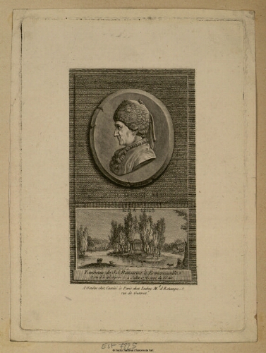 J. J. Rousseau ; Tombeau de J. J. Rousseau à Ermenonville, où il a été déposé le 4 juillet 1778, âgé de 66 ans