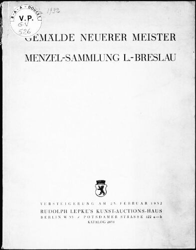 Gemälde neuerer Meister, Menzel-Sammlung L., Breslau : [vente du 23 février 1932]