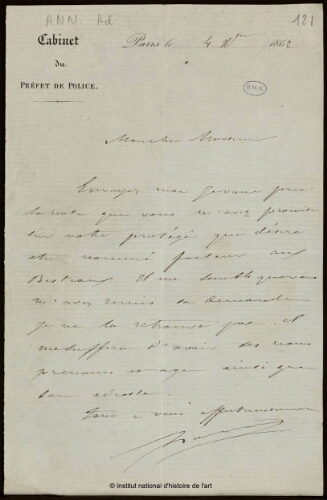 Lettre du Cabinet du préfet de police à Jean-Louis-Ernest Meissonier, 4 novembre 1862