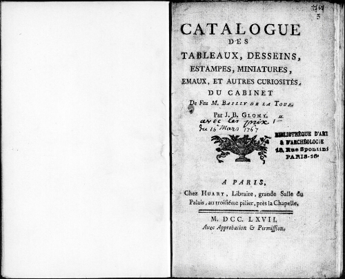 Catalogue des tableaux, dessins, estampes, miniatures, émaux, et autres curiosités du cabinet de feu M. Bailly de la Tour [...] : [vente du 16 mars 1767]