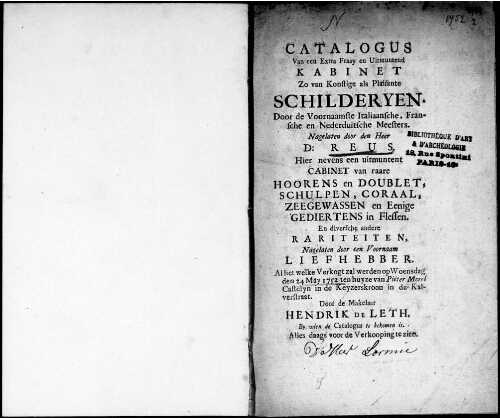 Catalogus van een Extra Fraay en Uitmuntend Kabinet Zo van Konstige als Plaisante Schilderyen : [vente du 24 mai 1752]