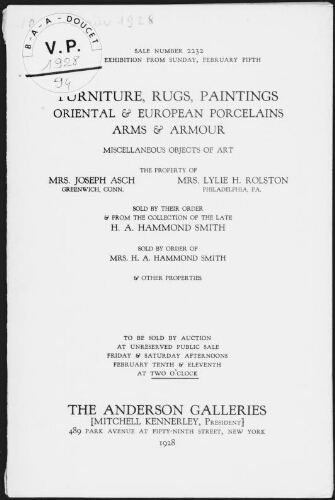 Furniture, rugs, paintings [...], the property of Mrs. Joseph Asch [...] : [vente des 10 et 11 février 1928]