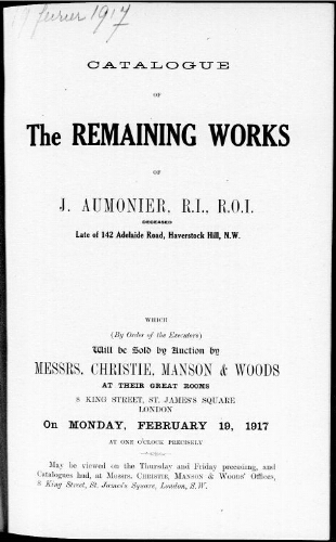 Catalogue of the remaining works of J. Aumonier […] : [vente du 19 février 1917]