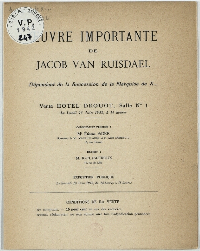 Œuvre importante de Jacob van Ruisdael : [vente du 15 juin 1942]