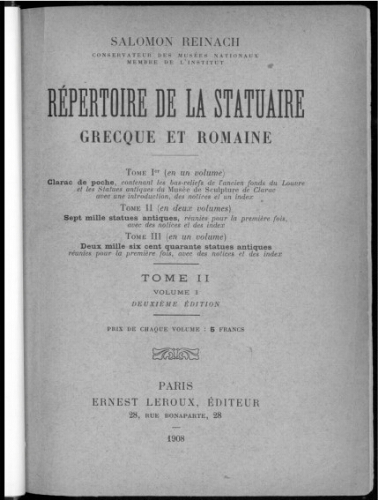 Répertoire de la statuaire grecque et romaine. Tome II, volume 1