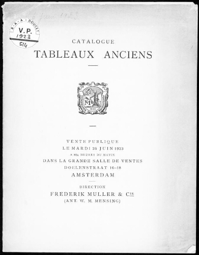 Catalogue. Tableaux anciens [...] : [vente du 26 juin 1923]