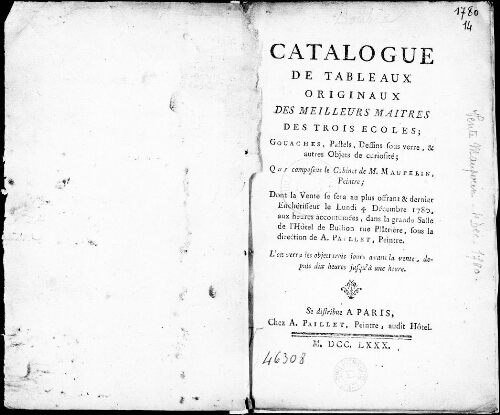 Catalogue de tableaux originaux des meilleurs maîtres des trois écoles [...] : [vente du 4 décembre 1780]