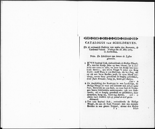 Catalogus van Schilderyen uit de vermaarde Gallerye van wylen zyn Eminentie, de Cardinaal Valenti [...] : [vente du 18 mai 1763]