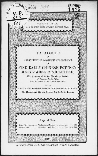 Catalogue of [...] fine early Chinese pottery [...], the property of the late Dr. G. P. Crofts [...] : [vente des 15 et 16 juillet 1925]