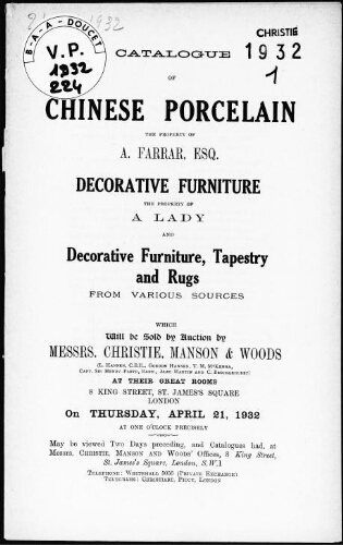 Catalogue of Chinese porcelain, the property of A. Farrar, Esquire, decorative furniture, the property of a lady [...] : [vente du 21 avril 1932]