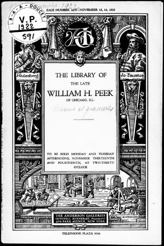 The library of the late William H. Peek, of Chicago, Ill. : [vente des 13 et 14 novembre 1922]