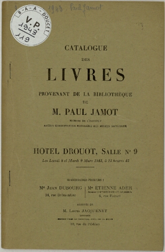 Catalogue des livres provenant de la bibliothèque de M. Paul Jamot [...] : [vente des 8 et 9 mars 1943]