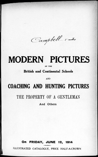 Catalogue of a collection of coaching and hunting pictures and modern pictures […] : [vente du 12 juin 1914]