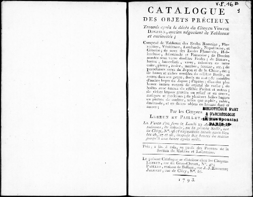 Catalogue des objets précieux trouvés après le décès du citoyen Vincent Donjeux [...] : [vente du 29 avril 1793]