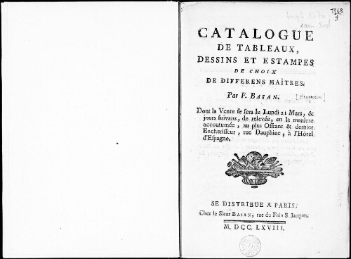 Catalogue de tableaux, dessins et estampes de choix de différents maîtres [...] : [vente du 21 mars 1768]