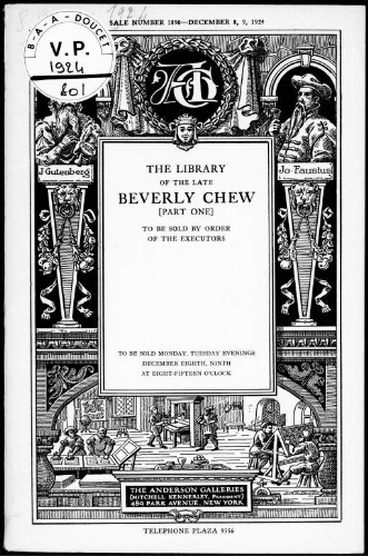 Library of the late Beverly Chew (part one), to be sold by order of the Executors [...] : [vente des 8 et 9 décembre 1924]
