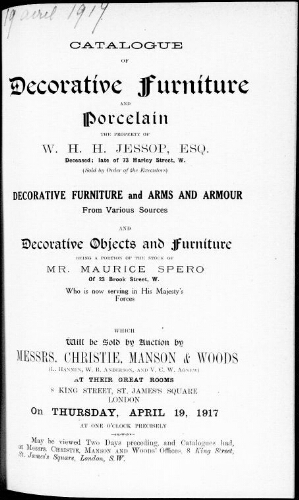 Catalogue of decorative furniture and porcelain […] : [vente du 19 avril 1917]