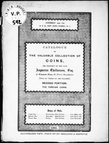 Catalogue of the valuable collection of coins, the property of the late Augustus Thellusson [...]. Second portion [...] : [vente des 21 et 22 octobre 1931]