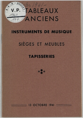 Tableaux anciens, instruments de musique [...] : [vente du 13 octobre 1941]