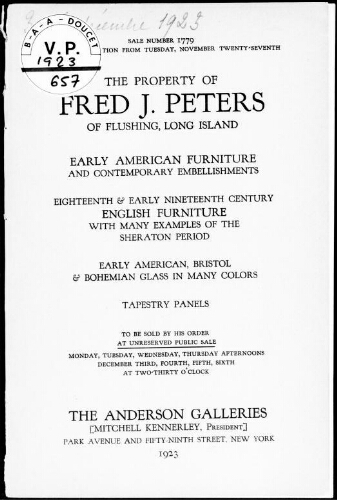 Property of Fred. J. Peters, of Flushing, Long Island [...] : [vente du 3 au 6 décembre 1923]