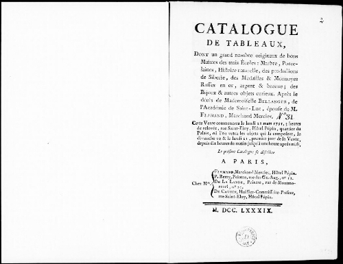 Catalogue de tableaux [...] : [vente du 21 mars 1791]