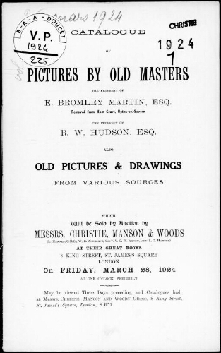 Catalogue of pictures by old masters, the property of E. Bromley Martin, Esq. [...] : [vente du 28 mars 1924]