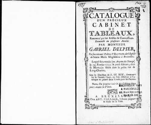 Catalogue d'un précieux cabinet de tableaux renommé par les artistes et connaisseurs [...] : [vente du 19 février 1777]