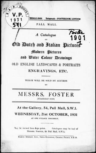 Catalogue of old Dutch and Italian pictures, modern pictures and water colour drawings [...] : [vente du 21 octobre 1931]