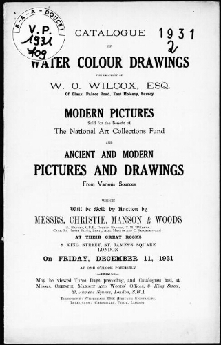 Catalogue of water colour drawings, the property of W. O. Wilcox, Esquire [...] : [vente du 11 décembre 1931]