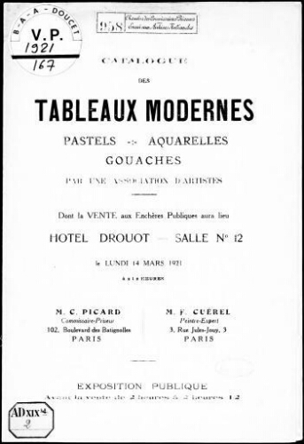 Catalogue des tableaux modernes, pastels, aquarelles, gouaches par une association d'artistes : [vente du 14 mars 1921]