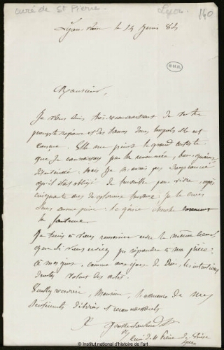 Lettre du curé de Saint-Pierre de Lyon à Jean-Louis-Ernest Meissonier, 14 juin 1884