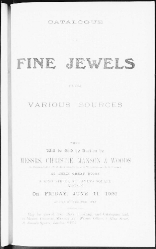 Catalogue of Fine Jewels From Various Sources [...] : [vente du 11 juin 1920]