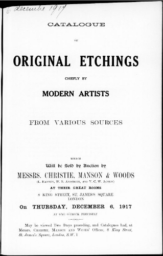 Catalogue of original etchings chiefly by modern artists […] : [vente du 6 décembre 1917]