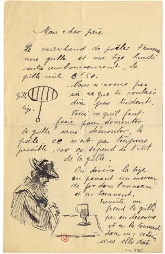 Lettre autographe signée illustrée de deux dessins à l'encre de Ludovic Rodo Pissarro à Camille Pissarro, non datée