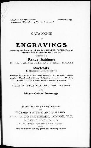 Catalogue of engravings [...] : [vente du 17 avril 1914]