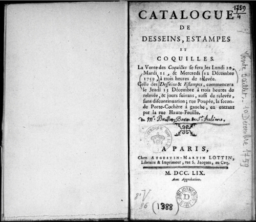 Catalogue de dessins, estampes et coquilles [...] : [vente du 10 au 13 décembre 1759]